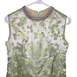 Vintage Retro 50s 60s Green Satin Tailored Floral Sleeveless Maxi Dress XS/S